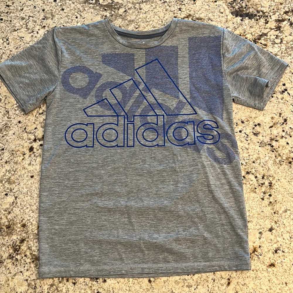 Adidas boys T shirt M (10/12) grey with blue Adidas logo